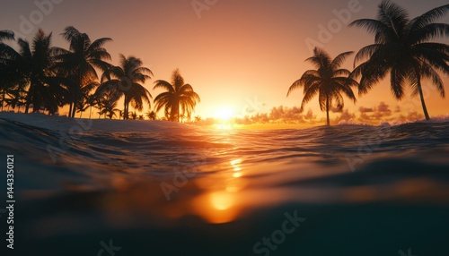 Tropical sunset over ocean. Palm trees line a serene beach