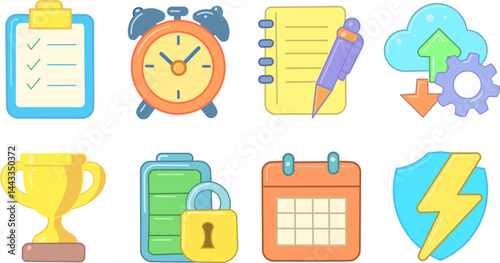 Productivity and Office Icons Set – Flat Cartoon Style