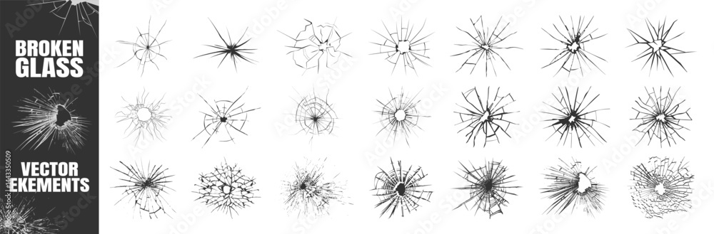 Realistic Broken and Shattered Glass Vector Set Isolated on Transparent. High Resolution Crack and Bullet Hole Vector Effects