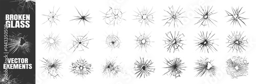 Realistic Broken and Shattered Glass Vector Set Isolated on Transparent. High Resolution Crack and Bullet Hole Vector Effects