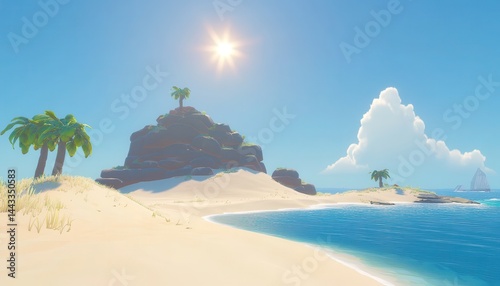Tropical island paradise scene. Sandy beach meets turquoise water. Lush vegetation and sunny sky