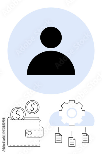 Simplified person icon with wallet and coins below, cloud with gear, and connected documents. Ideal for finance, cloud storage, data management, user settings, budgeting, digital economy