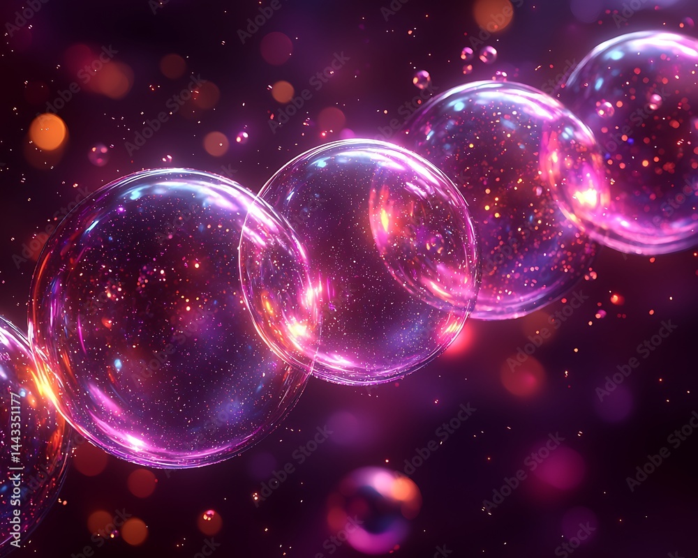 Glowing spheres linked, sparkling, dark background
