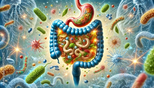 Colorful gut microbiome and digestive system illustration
