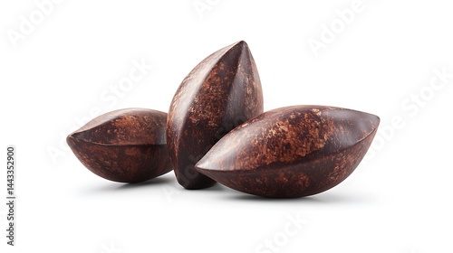 Group of Three Smooth Brown Andiroba Seeds on a Pure White Background
