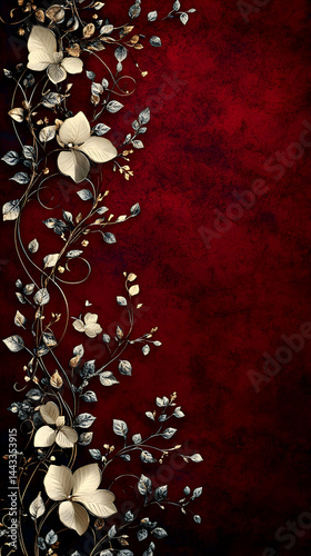 Flowers and leaves in silver and gold cascade down a dark red textured background