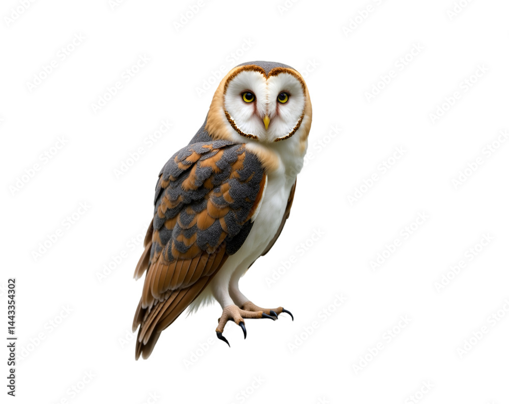 Captivating Portrait of a Barn Owl, Majestic Bird of Prey Perched on a Branch, Exhibiting its Striking Plumage and Intense Gaze against the stark Backdrop Captivating Portrait of a Barn Owl, Majestic Bird of Prey Perched on a Branch, Exhibiting its Striking Plumage and Intense Gaze against the stark Backdrop