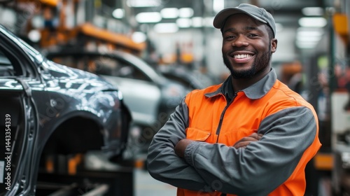 Smiling African American Industrial Worker in Orange Vest