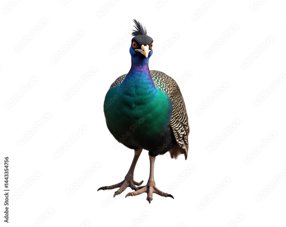 Naklejka premium Captivating portrayal of a solitary guinea fowl displaying its iridescent plumage and distinctive features in a posed studio shot, presenting an appealing wildlife image