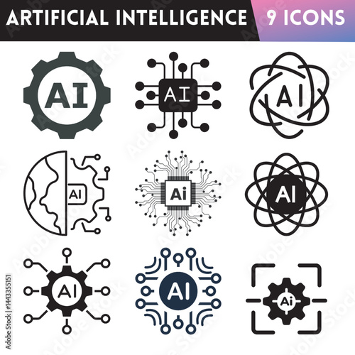 Artificial intelligence 9 icons illustration vector.