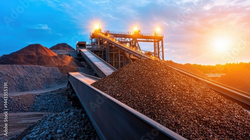 Rare Earth Industrial Concept, Large Scale Rare Earth Processing Plant with Conveyors at Sunset in Industrial Landscape