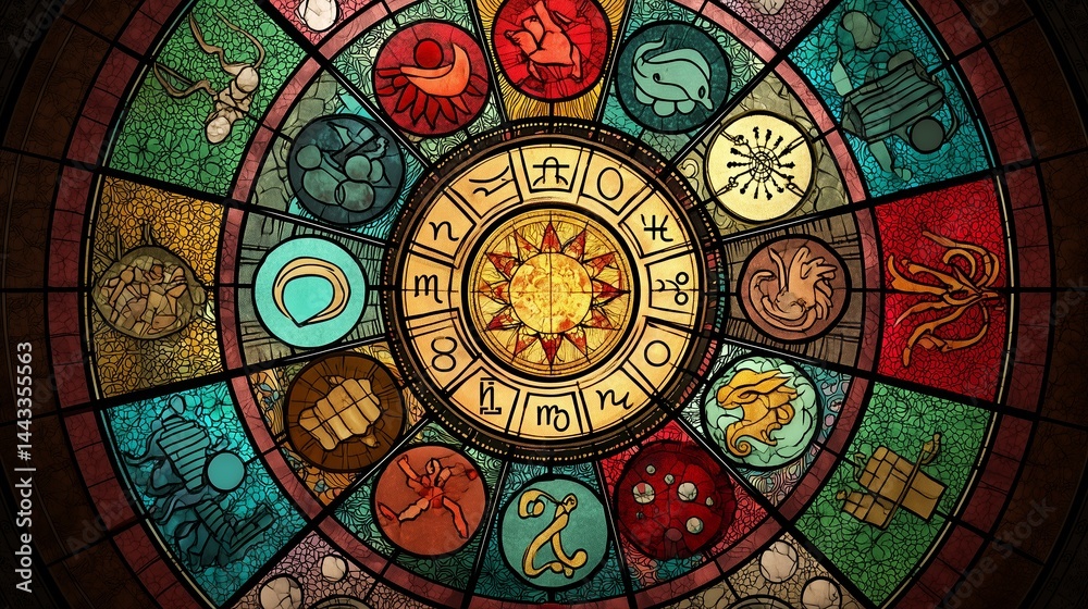 Obraz premium Colorful stained glass zodiac wheel depicting astrological signs and symbols in a circular design