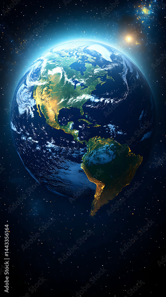 Naklejka premium Earth viewed from space showing continents illuminated Light from the sun and stars is visible in the background