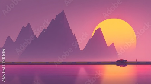 Retro drive into the sunset: A car speeds along a coastal highway with mountains and a vibrant sun completing the serene, vintage scene.