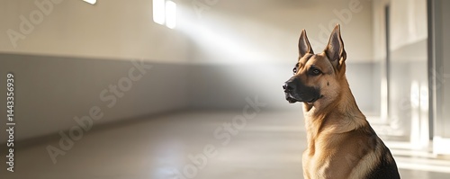 German shepherd sitting in a hallway lit by bright windows