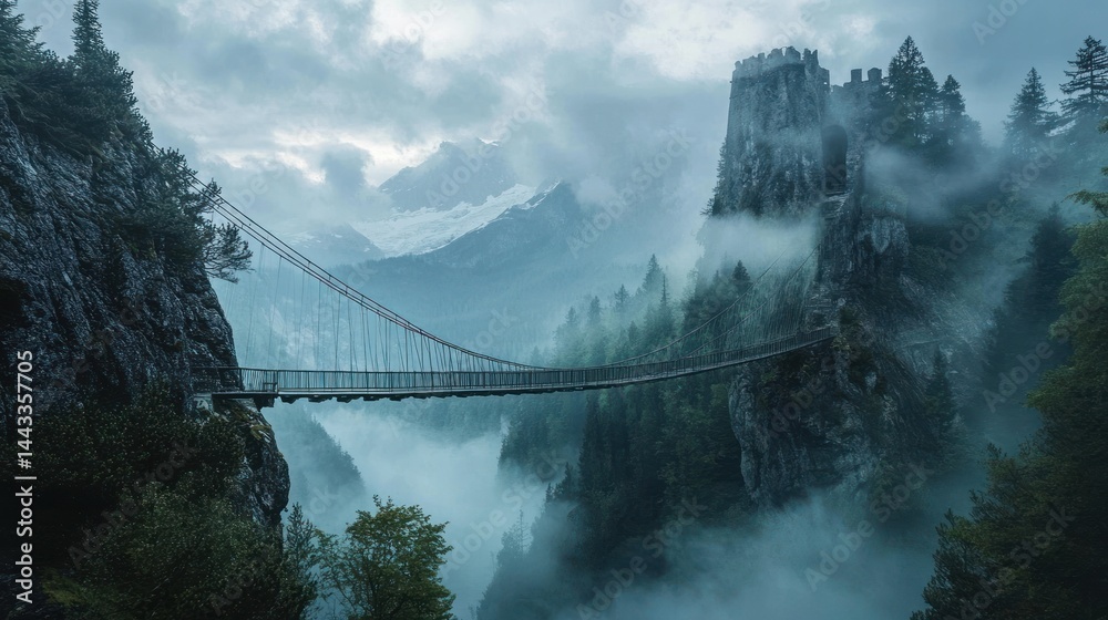 Obraz premium Misty mountain valley suspension bridge