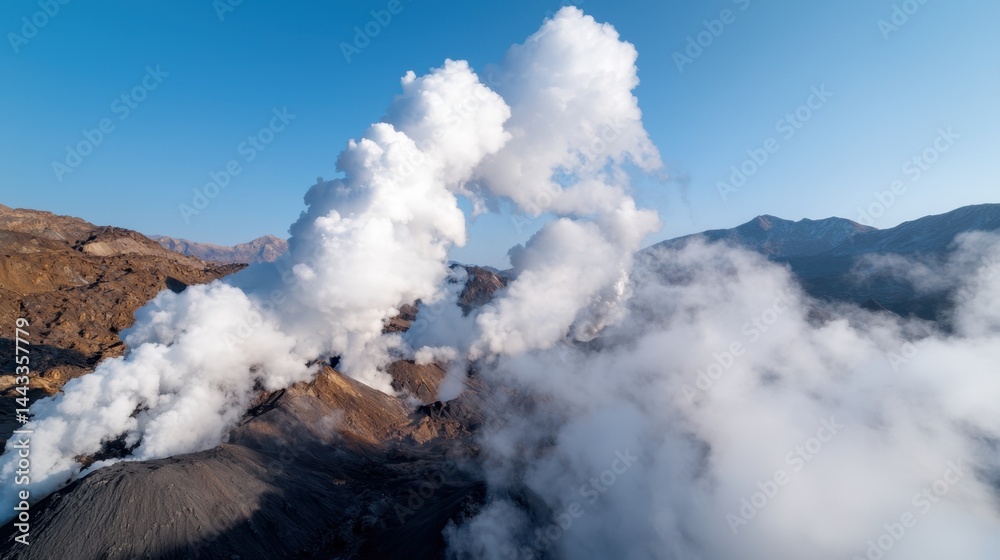 Obraz premium Rare Earth Industrial Concept, Aerial View of Smelting Plant with Steam Emission Against Clear Blue Sky and Mountains in Background