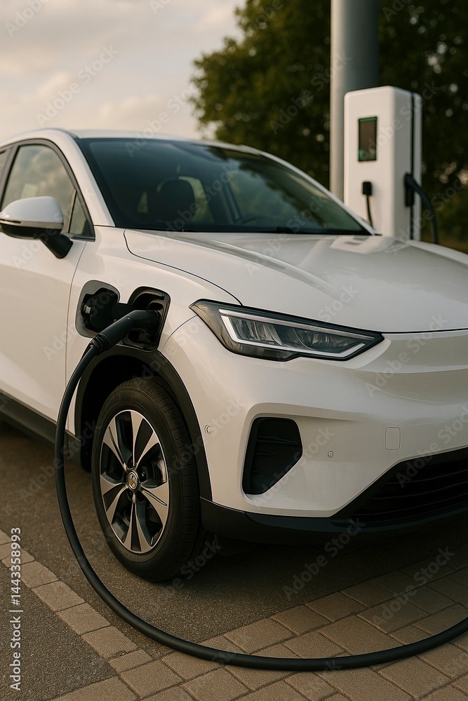 Naklejka premium Close-Up White Electric Car Charging at Station