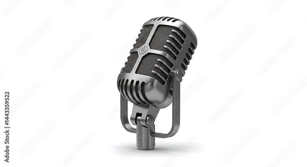 Fototapeta premium Retro Chrome Microphone, Studio Isolated, White Background, Audio Equipment.
