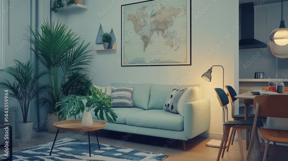 Fototapeta premium Serene Teal Living Room Interior Design with Plants and World Map