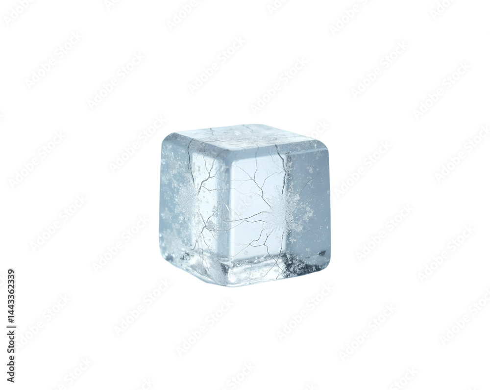Obraz premium Close up view of a single frosty ice cube with intricate internal cracks and partial transparency, perfect for illustrating coldness, purity and natural beauty
