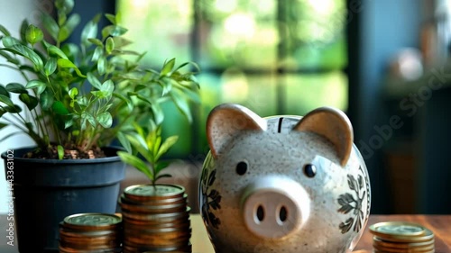 Piggy bank with stacked coins and a small plant symbolizing financial growth.

