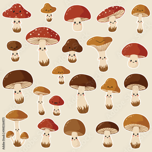 Cute cartoon autumn mushrooms collection. Fall forest mushrooms harvest in simple flat style