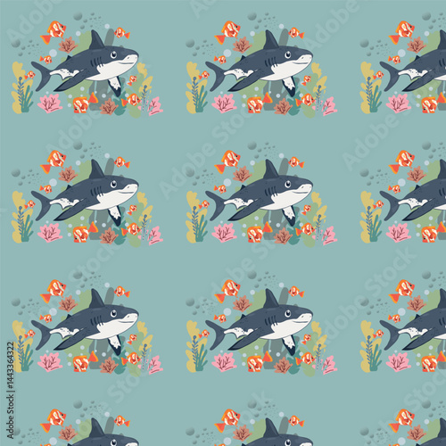 seamless pattern with sharks and fishes,shark and clown fish among seaweed and coral reef repeating pattern vector illustration

