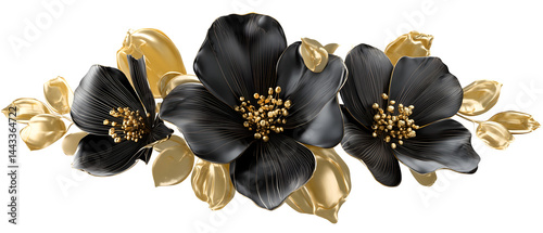 black and gold abstract flower design isolated over transparent (white) background; cute, elegant floral element