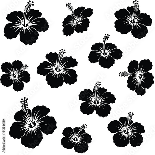 Hawaii tropical hibiscus flowers set, black stencil silhouette tattoo. Vector set of monochrome Hawaiian and Polynesian vegetation blooms, floral decal elements of culture, beauty and nature