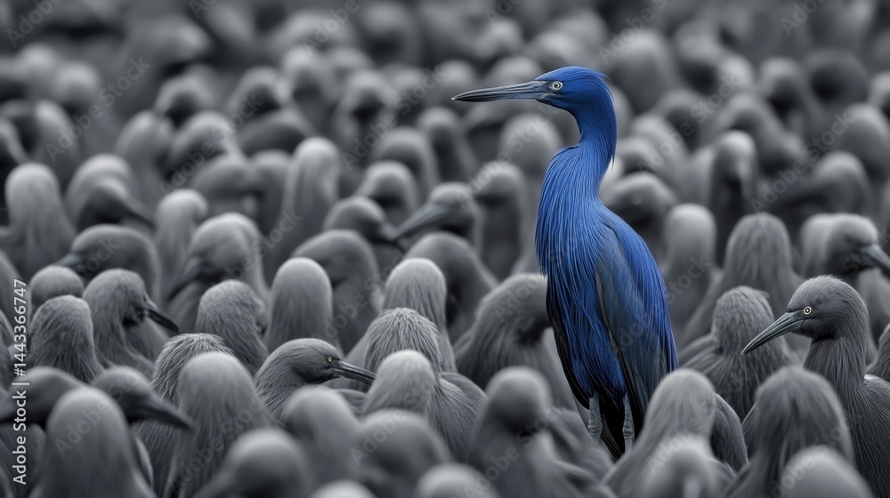 Obraz premium Unique blue bird standing out in a crowd of grey birds, concept of individuality.