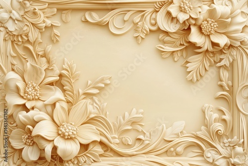Ornate floral relief carving on a light beige background.
