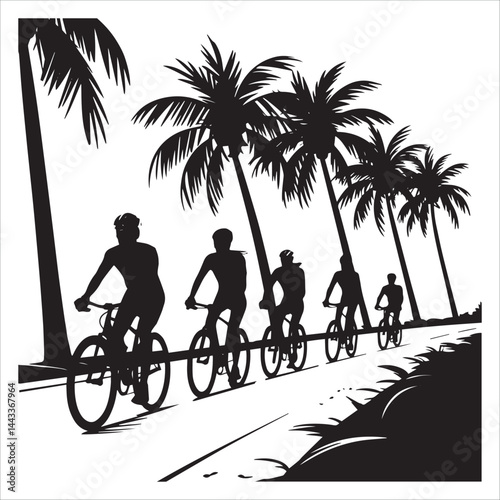 Group of bicyclists riding along a scenic coastal path on a peaceful summer day