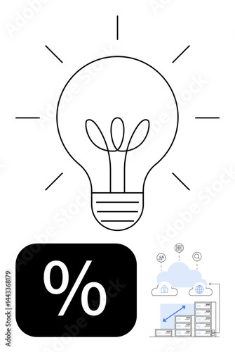 Light bulb radiating ideas, percentage sign symbolizing statistics, and cloud with data flow visuals. Ideal for innovation, analytics, business, finance, technology creativity strategy. Flat simple