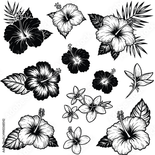 Hawaii tropical hibiscus flowers set, black stencil silhouette tattoo. Vector set of monochrome Hawaiian and Polynesian vegetation blooms, floral decal elements of culture, beauty and nature