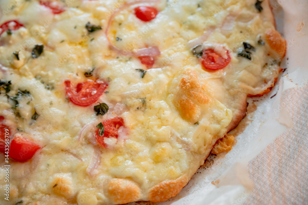 Freshly made homemade three cheese pizza