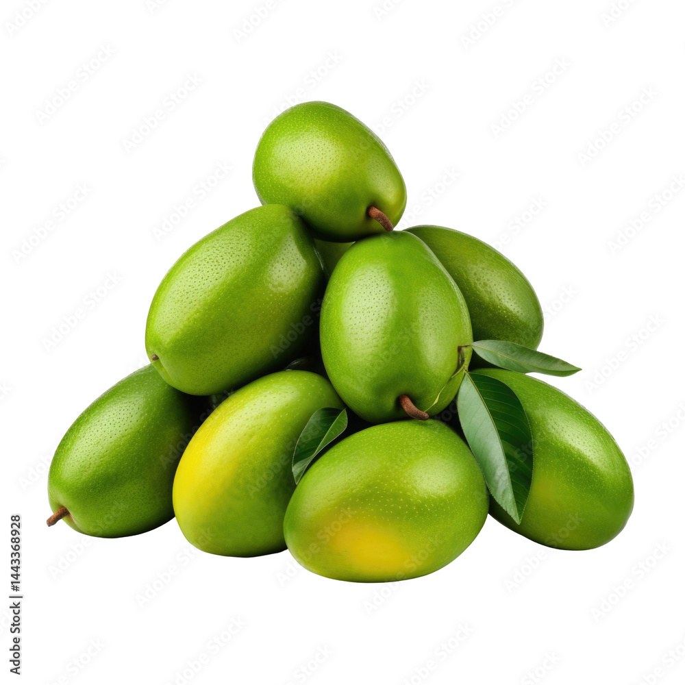 Fresh Green Mangoes Piled Together with Leaves on a White Background Fresh Green Mangoes Piled Together with Leaves on a White Background