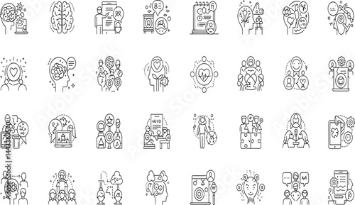 Psychotherapy Types line icon set. Vector pictograms of therapy methods, approaches, mental health treatments, cognitive, behavioral, humanistic, positive psychology gestalt
