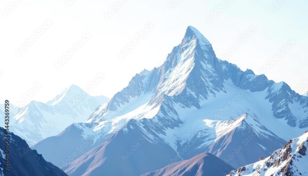 Obraz premium Snow-covered mountain peak against bright white sky, beauty, mountain range