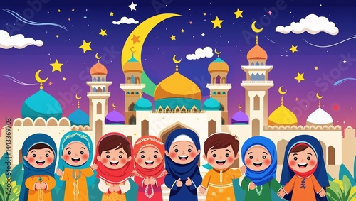 Colorful vector cartoon of Eid al-Adha celebration with happy children, mosque in background, crescent moon and stars, bright festive palette