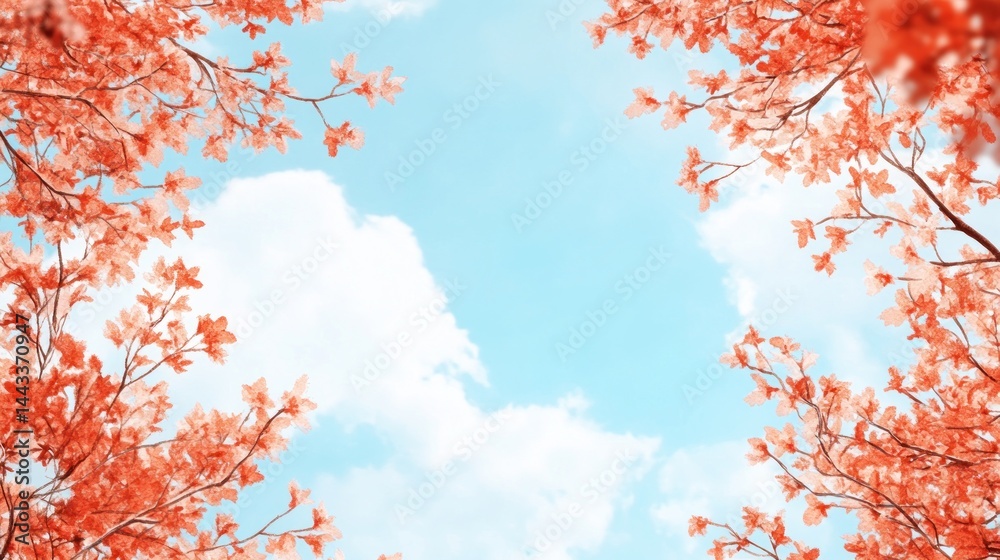 Vivid coral-hued foliage frames a pastel sky. Vivid coral-hued foliage frames a pastel sky.