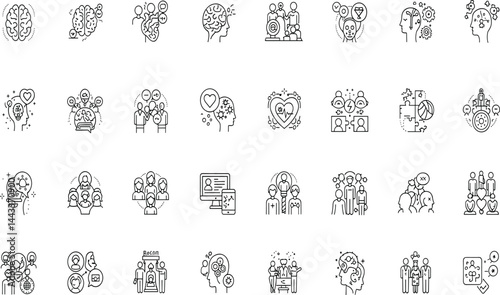 Psychotherapy Types line icon set. Vector pictograms of therapy methods, approaches, mental health treatments, cognitive, behavioral, humanistic, positive psychology gestalt