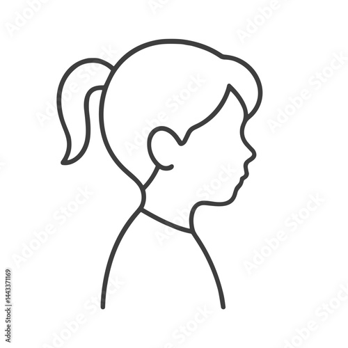 Outline profile illustration of a young girl with a ponytail on a white background