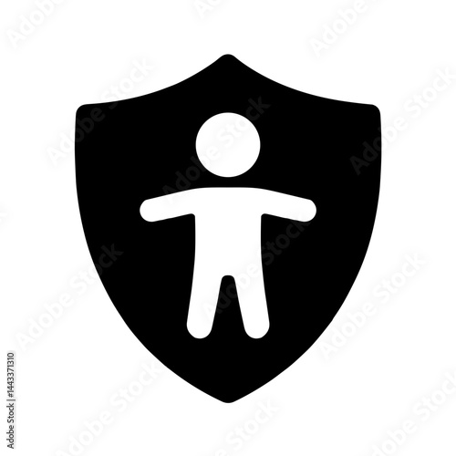 Bold silhouette illustration of a person inside a shield emblem on a white background
