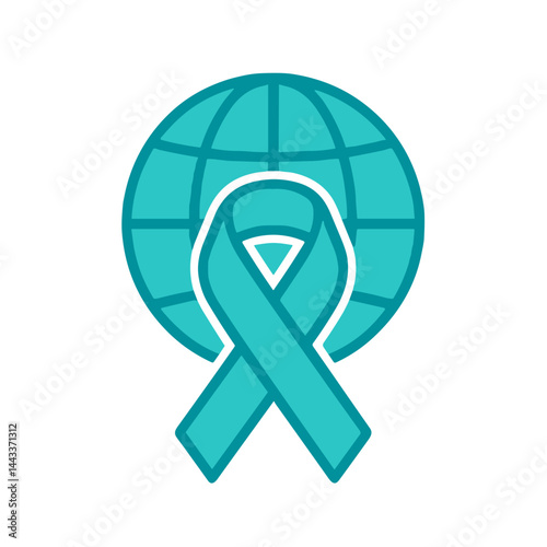 Teal awareness ribbon illustration with a globe in the background on a white background