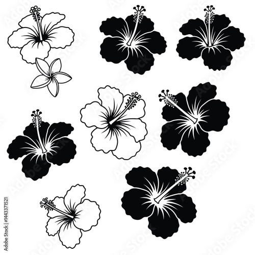 Hawaii tropical hibiscus flowers set, black stencil silhouette tattoo. Vector set of monochrome Hawaiian and Polynesian vegetation blooms, floral decal elements of culture, beauty and nature