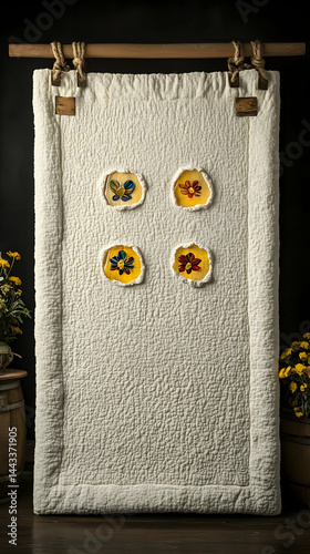 Textured cloth wall art hangs with floral design insets adding organic artisanal touch