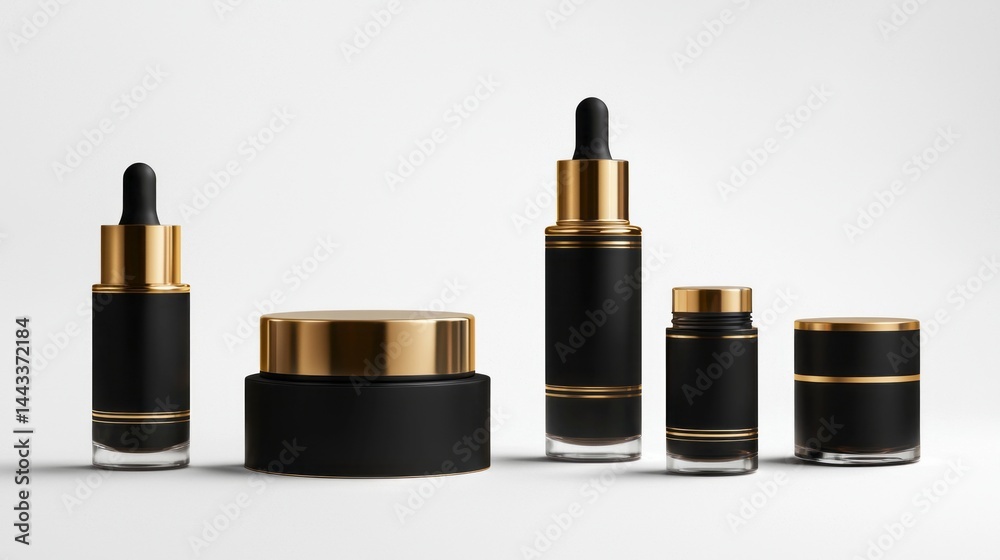 A row of black bottles with gold accents sit on a white background A row of black bottles with gold accents sit on a white background