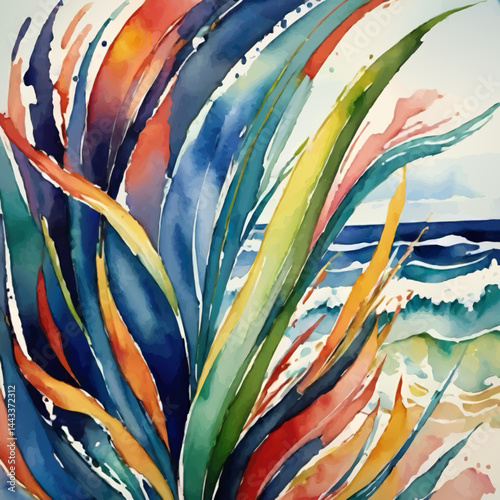 abstract watercolor background with grass and sea vector illustration