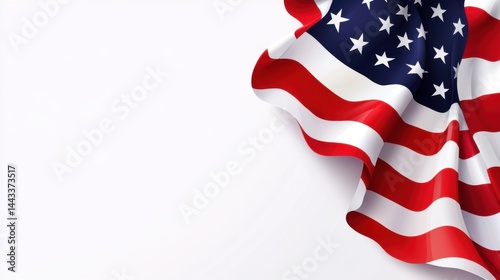 Flowing american flag on white background with space for text representing patriotism and national pride